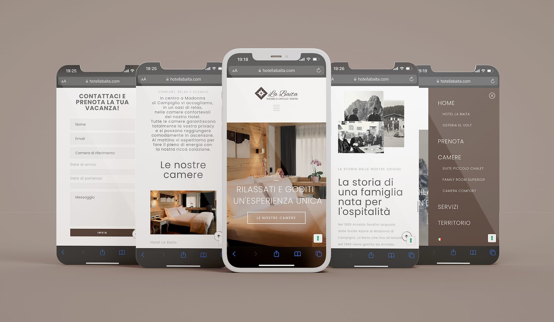 Mockup: Sito web Moderno dell'Hotel La Baita su Più iPhone - Esperienza Online Accogliente
